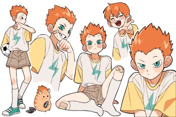 Rule 34 | 1boy, alternate hairstyle, aqua eyes, ball, bandaid, bandaid on knee, bandaid on leg, chipped tooth, commentary request, dark skin, frown, green footwear, grey socks, holding, holding ball, korean commentary, lightning bolt symbol, male focus, mob psycho 100, open mouth, orange hair, seed, shoes, sitting, smile, soccer ball, socks, sunflower seed, suzuki shou, taejo (taejo68), widow's peak