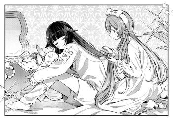 Rule 34 | 2girls, alternate hairstyle, antenna hair, bed, bow, bow headband, brushing, brushing hair, closed eyes, closed mouth, columbina (genshin impact), commentary request, crescent, crescent moon, genshin impact, greyscale, hair flaps, headband, headboard, inui shiro, kneeling, long hair, luonnotar (genshin impact), monochrome, moon, multiple girls, nightgown, on bed, open mouth, pillow, sandrone (genshin impact), shorts, sitting, sleepover, sleepwear, smile, socks, stuffed animal, stuffed toy, sweater, teddy bear, very long hair