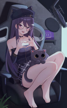 1girl :p animal_hat bare_shoulders barefoot black_choker black_hat breasts can_zhu cat cat_hair_ornament cat_hat chair choker fangs feet gaming_chair glasses grey_skirt hair_ornament hat heart heart_hands highres knees_up ksp_(vtuber) long_hair long_sleeves looking_at_viewer medium_breasts meridian_project microphone miniskirt monitor off-shoulder_shirt off_shoulder official_alternate_costume plaid_clothes plaid_skirt pop_filter purple_eyes purple_hair round_eyewear shirt sitting skirt solo strapless strapless_shirt swivel_chair toes tongue tongue_out twitch_logo very_long_hair virtual_youtuber zipper zipper_pull_tab