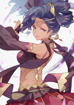 1girl absurdres back bare_shoulders blue_eyes blue_hair breasts bridal_gauntlets butt_crack circlet closed_mouth commentary_request crescent crescent_earrings crop_top dancer dancing dark-skinned_female dark_skin detached_sleeves earrings fire_emblem fire_emblem:_fortune&#039;s_weave from_behind gold_choker gold_earrings harem_outfit high_ponytail highres jewelry leda_(fire_emblem) looking_at_viewer medium_breasts nintendo ponytail red_skirt risumi_(taka-fallcherryblossom) skirt smile solo upper_body