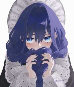 Rule 34 | 1girl, absurdres, blue eyes, braid, choppy bangs, commentary, cyansanu, dress, hair between eyes, hair intakes, hands up, highres, holding, holding own hair, hololive, long bangs, long sleeves, looking at viewer, maid, maid headdress, official alternate costume, ouro kronii, ouro kronii (maid), purple hair, shy, signature, simple background, solo, twin braids, two-tone dress, upper body, virtual youtuber, watermark, white background