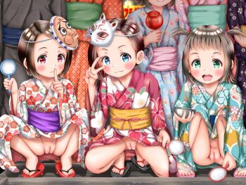 3girls black_hair blue_eyes blush candy_apple cleft_of_venus decensored exhibitionism fang fat_mons finger_to_mouth food goldfish_scooping green_eyes higeepon japanese_clothes kimono loli looking_at_viewer mask multiple_girls no_panties poi_(goldfish_scoop) public_indecency pussy red_eyes short_hair short_twintails shushing squatting third-party_edit twintails uncensored upskirt v yukata