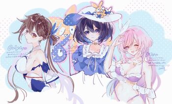 3girls ;d arm_up balloon bare_shoulders bikini black_hair blue_hair blue_shirt braid breasts brown_eyes brown_hair cleavage closed_mouth collarbone douxfantasme dress elysia_(herrscher_of_human:_ego)_(honkai_impact) elysia_(honkai_impact) elysia_(summer_2023)_(honkai_impact) hair_between_eyes hair_ornament hat highleg highleg_bikini highres homu_(honkai_impact) honkai_(series) honkai_impact_3rd large_breasts li_sushang li_sushang_(jade_knight) looking_at_viewer medium_breasts multicolored_hair multiple_girls official_alternate_costume one_eye_closed open_mouth pink_hair ponytail purple_bikini purple_eyes seele_vollerei shirt sideboob smile sun_hat swimsuit translation_request two-tone_hair white_dress white_hat