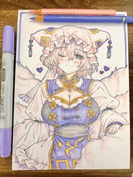 Rule 34 | 1girl, adapted costume, animal hat, art tools in frame, blue tabard, blush, breasts, cleavage, cleavage cutout, closed mouth, clothing cutout, commentary request, dress, fox tail, hat, highres, kitsune, large breasts, long sleeves, looking at viewer, masanaga (tsukasa), mob cap, one eye closed, photo (medium), short hair, smile, solo, tabard, tail, touhou, traditional media, yakumo ran