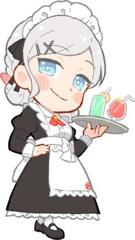 Rule 34 | 1girl, apron, black dress, black shoes, blush, ceras yanagida lilienfeld, chibi, chibi only, cho toutoi love, closed mouth, double bun, dress, drink, frilled apron, frills, full body, game cg, grey hair, hair bun, hair ornament, hand on own hip, holding, holding tray, juliet sleeves, link! like! love live!, long dress, long hair, long sleeves, love live!, maid, maid apron, maid headdress, mary janes, non-web source, official art, pantyhose, puffy sleeves, sakuma yoru, self-datamine, shoes, simple background, smile, soda, solo, tachi-e, transparent background, tray, very low bun, virtual youtuber, white apron, white pantyhose, x hair ornament