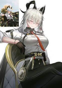 1girl absurdres black_gloves black_horns black_pants breasts button_gap chair chest_harness closed_eyes closed_mouth collared_shirt commentary curled_horns english_commentary erlisa_takanashi folding_chair game_screenshot_inset gloves hair_between_eyes harness high-waist_pants highres horns light_smile long_hair medium_breasts multicolored_hair necktie pants red_necktie reference_inset shirt shirt_tucked_in simple_background sitting solo streaked_hair tight_clothes tight_pants white_background white_shirt wuthering_waves zani_(wuthering_waves)