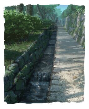 aqueduct border bush commentary_request day forest kgpmdn268 nature no_humans original outdoors path road scenery shadow stone_wall water white_border