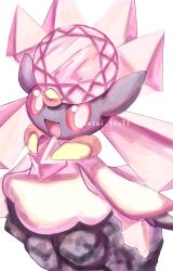 1girl animal_ears artist_name chest_jewel colored_sclera colored_skin diancie female_focus gem gen_6_pokemon happy highres legendary_pokemon long_hair mythical_pokemon neverland+ nintendo open_mouth pink_eyes pink_gemstone pink_hair pokemon pokemon_(creature) purple_skin red_sclera rock signature simple_background smile solo twintails twitter_username white_background