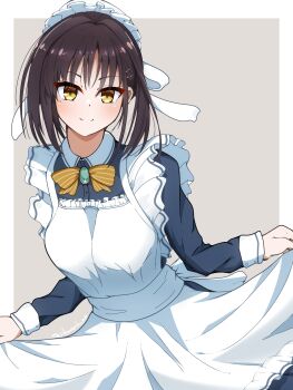 >:) 1girl apron artist_name black_dress black_hair blush border bow bowtie bun_cover cafe_stella_to_shinigami_no_chou closed_mouth commentary cowboy_shot dress eyes_visible_through_hair frilled_apron frills grey_background hair_between_eyes hair_bun hair_intakes hair_ornament hair_ribbon hairclip highres long_sleeves looking_at_viewer maid maid_apron medium_hair mole mole_under_eye outside_border parallel_hairclips ribbon shiki_natsume simple_background single_hair_bun skirt_hold smile solo sora_umi_ao split_mouth striped_bow v-shaped_eyebrows vertical-striped_bow white_apron white_border white_ribbon yellow_bow yellow_bowtie yellow_eyes