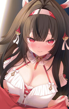 1girl black_hair blush breasts character_request cleavage closed_mouth commentary_request dress hairband highres large_breasts long_hair looking_at_viewer ogiyuki paid_reward_available red_eyes red_hairband solo white_dress zenless_zone_zero