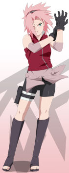1girl absurdres adjusting_clothes adjusting_gloves arm_warmers bandages bare_shoulders bike_shorts black_footwear black_gloves boots cameltoe collarbone female_focus full_body gloves green_eyes hair_over_one_eye hands_up haruno_sakura head_tilt headband headdress highres holster knee_boots konohagakure_symbol long_image looking_at_viewer miniskirt naruto_(series) naruto_shippuuden pink_hair pink_skirt red_shirt shadow shiny_clothes shirt shoes short_hair shorts shorts_under_skirt side_slit skin_tight skirt sleeveless sleeveless_shirt solo spandex standing stiky_finkaz tall_image thigh_holster thigh_strap toeless_footwear toes wind zipper