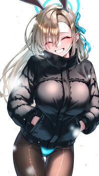 1girl absurdres animal_ear_hairband animal_ears asuna_(blue_archive) asuna_(bunny)_(blue_archive) black_jacket black_pantyhose blonde_hair blue_archive blue_halo blue_leotard blush breasts closed_eyes commentary_request covered_groin down_jacket fake_animal_ears grin hair_over_one_eye hair_ribbon hairband halo hand_in_pocket highres jacket large_breasts leotard long_hair pantyhose rabbit_ear_hairband rabbit_ears ribbon sayu_mypace shirt smile solo very_long_hair white_shirt
