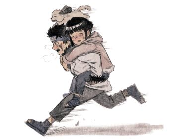 1boy 1girl akamaru_(naruto) animal animal_on_head arms_around_neck black_hair black_pants blunt_bangs blush carrying dog dog_on_head facial_mark full_body fur-trimmed_jacket fur_trim grey_pants heavy_breathing highres hood hood_down hooded_jacket hyuuga_hinata inuzuka_kiba jacket naruto_(classic) naruto_(series) on_head open_mouth pants parted_lips piggyback pink_jacket rescue running sandals short_hair sweat trano_613 white_background white_jacket