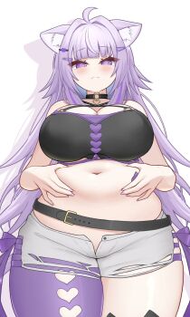 1girl ahoge animal_ear_fluff animal_ears asymmetrical_legwear belly_grab belt black_choker black_shirt blush breasts cat_ears cat_girl choker cleavage clothing_cutout crop_top hair_ornament hairclip hands_on_own_stomach heart_cutout hololive large_breasts long_hair mochigomemcmc navel nekomata_okayu nekomata_okayu_(personya_respect) o-ring o-ring_choker plump purple_eyes purple_hair purple_nails purple_thighhighs shirt short_shorts shorts solo standing thick_thighs thighhighs thighs torn_clothes torn_shorts virtual_youtuber weight_conscious white_background white_shorts wide_hips