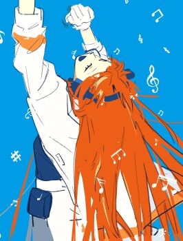 1girl a.i._voice adachi_rei arms_up black_shirt blue_background closed_eyes commentary eyelashes gloves headphones headset highres jacket long_hair looking_up musical_note open_mouth orange_hair sfrabbit shirt simple_background solo symbol-only_commentary utau white_gloves white_jacket