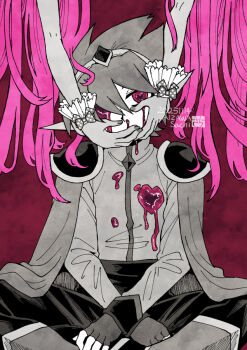 1boy 1girl aizawa_sachi cape captain_spaceboy double-parted_bangs fingerless_gloves gloves hair_between_eyes hands_on_another&#039;s_face long_hair long_sleeves looking_at_viewer omori pants partially_colored pink_hair short_hair sitting sweetheart_(omori) twintails