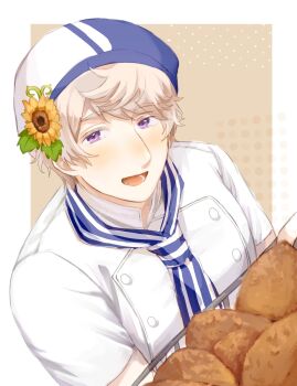 1boy axis_powers_hetalia beret blue_hat blue_necktie border bread brown_background buttons flower food grey_hair hair_between_eyes harutoro_39487 hat hat_flower hat_ornament highres leaf looking_at_viewer looking_up male_focus mandarin_collar necktie open_mouth outside_border purple_eyes russia_(hetalia) shirt short_hair short_sleeves simple_background smile solo striped_necktie sunflower teeth two-tone_hat upper_body white_border white_hat white_shirt yellow_flower