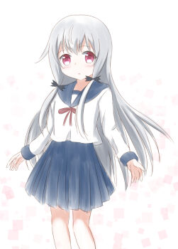 1girl blue_sailor_collar blue_skirt hair_ribbon long_hair pleated_skirt purapechinu red_ribbon ribbon sailor_collar school_uniform skirt solo sophie_twilight tonari_no_kyuuketsuki-san white_background