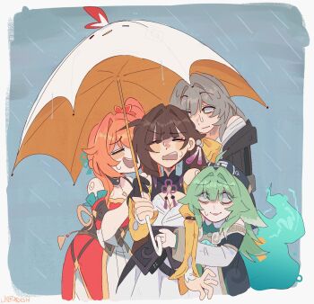 4girls ahoge bare_shoulders black_choker black_gloves blush_stickers breasts brown_hair chinese_clothes choker cleavage cleavage_cutout closed_eyes closed_mouth clothing_cutout commentary cowboy_shot day dress english_commentary fiery_tail fire flower gloves green_eyes green_hair grey_hair guinaifen_(honkai:_star_rail) hair_flower hair_intakes hair_ornament hat highres holding holding_umbrella honkai:_star_rail honkai_(series) huohuo_(honkai:_star_rail) jacket long_hair long_sleeves multiple_girls open_mouth orange_hair outdoors rain shoulder_cutout single_glove smile solo stelle_(honkai:_star_rail) sushang_(honkai:_star_rail) tail trailblazer_(honkai:_star_rail) twintails umbrella unfamousradish wet yellow_sleeves