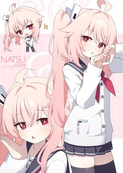 1girl absurdres black_thighhighs blue_archive commentary_request grey_sailor_collar grey_skirt hagoonha halo highres natsu_(blue_archive) neckerchief pink_background pink_hair pink_halo red_eyes red_neckerchief sailor_collar school_uniform serafuku shirt side_ponytail skirt thighhighs thighs two-tone_background white_background white_shirt