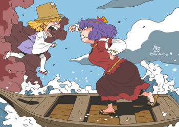 2girls angry blank_eyes blonde_hair blue_sky boat breasts brown_hat brown_sandals brown_skirt cloud commentary_request day fighting full_body godzilla_(series) godzilla_vs._kong hair_ribbon hat jumping king_kong_(series) large_breasts layered_sleeves long_sleeves looking_at_viewer monsterverse moriya_suwako multiple_girls onikobe_rin open_mouth outdoors parody punching purple_hair purple_skirt purple_vest red_ribbon red_shirt red_skirt ribbon sandals shirt short_over_long_sleeves short_sleeves skirt sky splashing thighhighs touhou two-tone_skirt vest watercraft waves white_shirt white_thighhighs wide_sleeves yasaka_kanako zouri