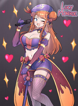 beret blue_eyes braid breasts cane cleavage detached_sleeves earrings fishnet_pantyhose fishnets flame_print garter_belt hair_bun hat heart highres jarckius jewelry lucy_monroe microphone midriff orange_hair original pantyhose ribbon single_hair_bun solo