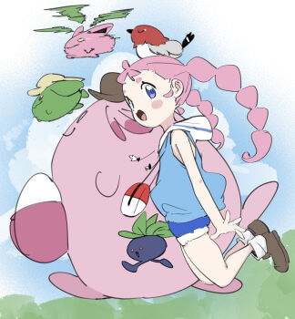 1girl :d arm_at_side bag blue_hoodie blue_shorts blue_sky blush_stickers braid brown_hat brown_shoes chansey closed_eyes cloud commentary creature day dot_nose fletchling flying from_side gen_1_pokemon gen_2_pokemon gen_6_pokemon hat highres hood hood_down hoodie hoppip jumping long_hair looking_ahead looking_at_viewer looking_to_the_side meg_(poketoon) nintendo ocha_(popopogg) oddish open_mouth outdoors pokemon pokemon_(anime) pokemon_(creature) poketoon purple_eyes red_eyes shoes short_bangs shorts shoulder_bag skiploom sky sleeveless sleeveless_hoodie smear_frame smile twin_braids yellow_eyes