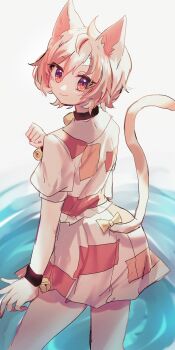 1girl absurdres animal_ears bell black_choker bow cat_ears cat_girl cat_tail choker closed_mouth commentary cowboy_shot from_behind goutokuji_mike hair_bow haruwaka_064 highres jingle_bell looking_at_viewer looking_back multicolored_hair multicolored_shirt multicolored_skirt one-hour_drawing_challenge orange_eyes orange_hair patchwork_clothes paw_pose short_hair short_sleeves skirt smile solo streaked_hair tail tail_bow tail_ornament touhou water white_hair