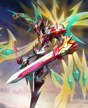 1boy bandai claws digimon digimon_(creature) digimon_new_century extra_arms flying full_body jesmon_gx looking_at_viewer official_art outdoors sky solo sword weapon