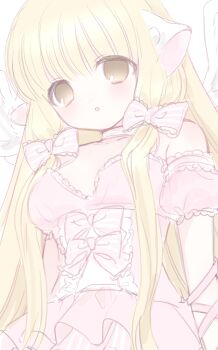 1girl blonde_hair bow brown_eyes chii chobits choker detached_sleeves dress expressionless frilled_dress frills from_below hair_bow highres long_hair looking_at_viewer low_twintails mipi_(u3u_00) parted_lips pink_bow pink_choker pink_dress puffy_short_sleeves puffy_sleeves robot_ears robot_girl short_sleeves simple_background sketch solo straight_hair twintails upper_body very_long_hair white_background