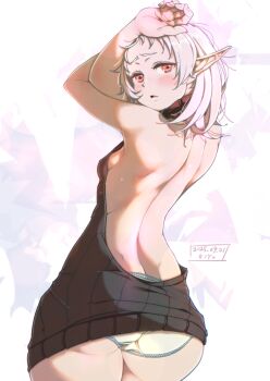 1girl alternate_ass_size alternate_costume arms_up ass back back_focus backless_dress backless_outfit bare_back bare_shoulders black_sweater blush breasts commentary_request cowboy_shot dated dress elf from_behind highres kiyo_(a_sam_ko) lens_flare looking_at_viewer looking_back median_furrow medium_hair mushoku_tensei no_bra panties parted_lips pointy_ears red_eyes shoulder_blades sideboob signature sleeveless sleeveless_sweater sleeveless_turtleneck small_breasts solo spine sweater sweater_dress sylphiette_(mushoku_tensei) turtleneck turtleneck_sweater underwear virgin_killer_sweater white_hair white_panties wide_hips