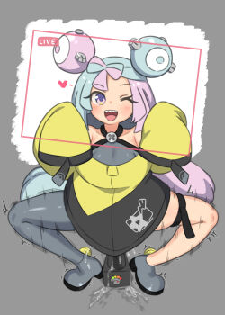 1girl asymmetrical_legwear basukechi breasts female_ejaculation female_masturbation grey_background highres implied_masturbation iono_(pokemon) livestream loli masturbation multicolored_hair nintendo one_eye_closed pokemon pokemon_sv pussy_juice recording sex_machine sharp_teeth simple_background small_breasts smile solo spread_legs stealth_masturbation teeth thigh_strap thighhighs wink