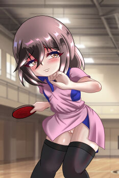 1girl black_thighhighs blush breasts brown_eyes brown_hair ceiling ceiling_light chapio dress embarrassed exhibitionism gym holding holding_paddle loli looking_at_viewer no_panties original paddle pink_dress public_indecency pussy rui_(chapio) short_hair short_sleeves small_breasts sportswear standing table_tennis table_tennis_paddle tennis_uniform thighhighs wind wind_lift window