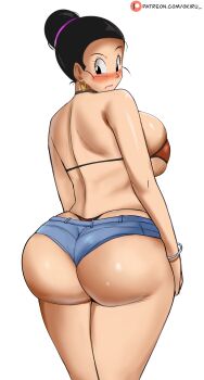 1girl absurdres ass black_hair breasts chi-chi_(dragon_ball) dragonball_z earrings female_focus hair_bun highres huge_ass huge_breasts jewelry looking_back medium_hair panarandom panties partially_undressed piercing red_panties shorts simple_background smile solo solo_focus thong underwear white_background