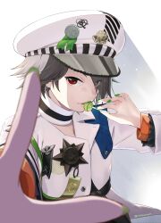 Rule 34 | 1girl, black choker, candy, choker, coat of arms, commentary, diagonal-striped clothes, diagonal-striped hat, food, foreshortening, green nails, green ribbon, grey hair, hair over one eye, hat, highres, holding, holding candy, holding food, holding lollipop, idol clothes, insignia, isabella (love live!), jacket, lollipop, long sleeves, looking at viewer, love live!, love live! school idol festival, military hat, military uniform, peaked cap, perspective, reaching, reaching towards viewer, red eyes, ribbon, short hair, shoulder boards, solo, star (symbol), striped clothes, tokiharu, twitter username, uniform, upper body, white choker, white hat, white jacket