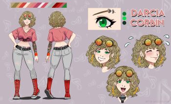 1girl absurdres belt blush breasts brown_hair butt_crack eyewear_on_head front_and_back grey_pants hair_between_eyes hand_on_own_hip highres looking_at_viewer multicolored_hair open_mouth original panties pants pink_panties pink_shirt shirt short_hair simple_background smile solo streaked_hair sunglasses superandyeah underwear