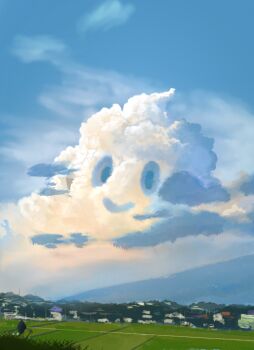 absurdres blue_sky cloud cloudy_sky cosmo_(465lilia) cumulonimbus_cloud field gen_5_pokemon grass highres nintendo no_humans outdoors path pokemon pokemon_(creature) road scenery sky smile solo vanillite
