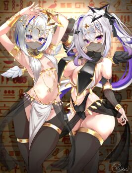 2girls :3 absurdres alternate_costume amane_kanata amane_konata ancient_egyptian ancient_egyptian_clothes angel_wings arm_strap armpit_crease armpits arms_up bangle bare_shoulders black_panties black_thighhighs black_wings blue_hair blush body_jewelry bow bracelet breast_curtains breasts circlet cleavage colored_inner_hair commentary_request dancer detached_sleeves egyptian_trend_(meme) feathered_wings gold gold_bracer gold_circlet gold_trim grey_hair groin guimpe hair_bow hair_ornament harem_outfit hieroglyphics high_collar highleg highleg_panties highres hiphighs holding_cloth hololive inokeiwd jewelry large_breasts long_hair meme mini_wings mouth_veil multicolored_hair multiple_girls panties pantyhose parted_lips pelvic_curtain purple_eyes purple_hair see-through_clothes see-through_pelvic_curtain see-through_sleeves see-through_veil shadow short_hair shuriken_hair_ornament siblings side_ponytail sidelocks signature single_hair_intake sisters small_breasts stomach thigh_strap thighhighs twins two-tone_hair underwear veil virtual_youtuber white_wings wings
