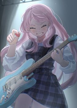 Rule 34 | 1girl, absurdres, bang dream!, bang dream! it's mygo!!!!!, blush, chihaya anon, closed eyes, commentary, dress, electric guitar, fender stratocaster, grey dress, guitar, highres, holding, holding guitar, holding instrument, holding plectrum, instrument, light particles, long hair, open mouth, pink hair, plaid clothes, plaid dress, plectrum, shirt, solo, sweat, three-quarter sleeves, tomori (inoutomori), white shirt