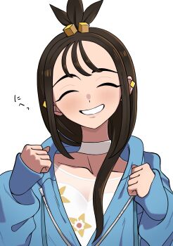 1girl absurdres black_hair blue_hoodie blush choker collarbone cube_hair_ornament earclip facing_viewer gen_1_pokemon hair_ornament highres hood hood_down hoodie jacket lida_(pokemon) long_hair long_sleeves n_k_m nintendo open_mouth pokemon pokemon_legends:_z-a shirt simple_background smile solo staryu teeth topknot upper_body white_background white_choker wispy_bangs