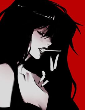 1girl black_bra black_gloves black_hair black_lips bra cigarette closed_eyes commentary creepypasta english_commentary fingerless_gloves gloves grin hand_up jane_the_killer long_hair nekrottt smile solo underwear upper_body very_long_hair