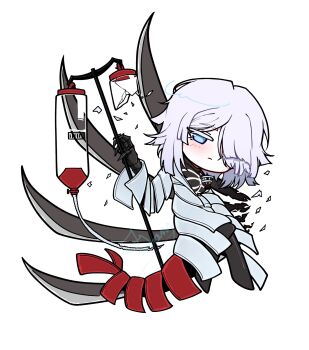 1girl bandage_over_one_eye black_claws black_pants black_shirt blue_eyes chibi coat faust_(project_moon) full_body highres jjong_(7_jjong_9) limbus_company long_sleeves looking_at_viewer oxygen_mask pants project_moon shirt short_hair simple_background skeleton_print solo standing thoracalgia_(e.g.o) white_background white_coat white_hair