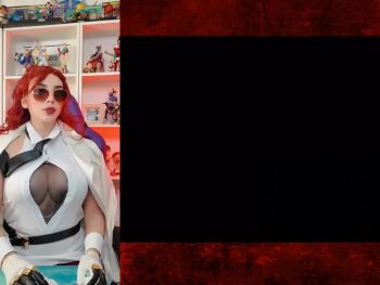 1girl animated audible_speech breasts capcom chilean_(nationality) coat comparison cosplay crimson_viper crimson_viper_(cosplay) fighting glasses gloves indoors japanese_audio large_breasts long_hair missyle_fg playing_games real_life red_hair sound street_fighter street_fighter_6 tinted_eyewear video white_coat zangief