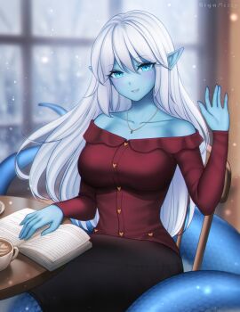 Rule 34 | 1girl, artist name, black skirt, blue eyes, blue skin, book, chair, coffee, collarbone, colored skin, commentary, commission, english commentary, gigamessy, hair between eyes, hand up, highres, jewelry, lamia, light blush, long hair, long sleeves, looking at viewer, monster girl, necklace, off-shoulder shirt, off shoulder, on chair, open book, original, pointy ears, red shirt, shirt, sidelocks, sitting, skirt, smile, solo, waving, white hair
