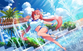 1girl ;d anklet beach bikini blue_eyes blue_sky boat breasts city cloud day floating_hair flower game_cg hair_flower hair_ornament highres jewelry large_breasts long_hair looking_at_viewer midriff navel ocean one_eye_closed open_mouth outdoors palm_tree pool red_hair sailor_collar shirt sky smile solo splashing standing standing_on_one_leg swimsuit third-party_source tree very_long_hair water watercraft white_shirt world_dai_star yonaguni_hikari