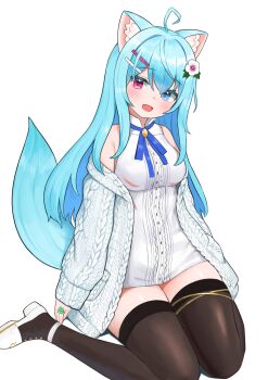 1girl absurdres ahoge animal_ears aqua_hair bare_shoulders black_thighhighs blue_eyes blue_ribbon breasts cardigan collared_shirt commentary commission english_commentary flower hair_flower hair_ornament heterochromia highres medium_breasts neck_ribbon original pink_eyes pocari_(sq551) ribbon shirt shoes simple_background sitting sleeveless sleeveless_shirt solo tail thighhighs thighs vrchat vrchat_(medium) wariza white_background white_cardigan white_flower white_shirt white_shoes