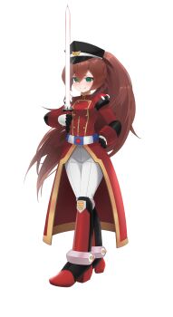 Rule 34 | 1girl, absurdres, adapted costume, armor, armored boots, belt, body armor, boots, breasts, coattails, commission, commissioner upload, energy sword, eyelashes, fauron714, full body, gauntlets, gloves, green eyes, hat, high heels, highres, holding, holding sword, holding weapon, iris (mega man), iris -another- (mega man), knee armor, medium breasts, mega man (series), mega man x4, mega man x (series), mega man zero (series), military hat, military uniform, non-web source, pants, petite, ponytail, shoulder armor, solo, sword, tailcoat, transparent background, weapon, white pants