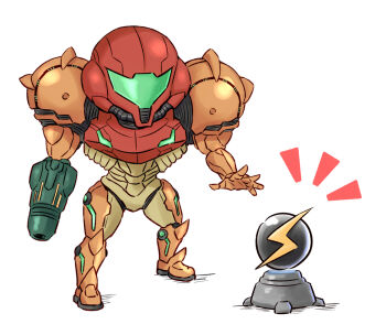 1girl arm_cannon armor assault_visor chibi commentary_request full_armor green_visor metroid multicolored_armor nintendo power_armor power_suit_(metroid) samus_aran simple_background varia_suit wakaba_(wata_ridley) weapon white_background