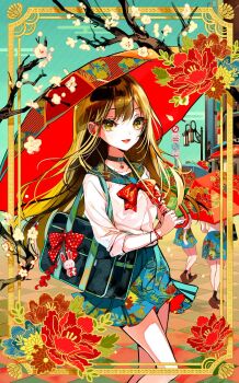 Rule 34 | 1girl, bag, black choker, bow, brown eyes, brown hair, choker, collarbone, commentary, floral print, flower, highres, holding, holding umbrella, long hair, long sleeves, looking at viewer, original, parted lips, pleated skirt, red bow, red umbrella, school bag, school uniform, shirt, skirt, smile, symbol-only commentary, tetete (pooolsar), umbrella, white shirt