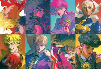 Rule 34 | 6+boys, afro, animal, aqua background, battle tendency, birthmark, black eyes, black hair, black nails, black robe, black shirt, blonde hair, blood, blood from mouth, blood on clothes, blood on face, blood on hands, blue eyes, blue hair, bow, cassock, coat, commentary request, cross, curly hair, dark-skinned male, dark skin, diamond wa kudakenai, diego brando, different shadow, mp3 player, dio brando, earphones, earrings, enrico pucci, evil grin, evil smile, formal clothes, funny valentine, green headband, green helmet, green jacket, green lips, green necktie, grin, headband, helmet, highres, holding, holding animal, holding mp3 player, holding earphones, holding frog, horns, jacket, jewelry, jojo no kimyou na bouken, jojolion, jonathan joestar, kars (jojo), killer queen, kira yoshikage, long hair, long sleeves, looking at viewer, male focus, multiple boys, necktie, nosebleed, phantom blood, pink coat, pink hair, pointing, pointing at viewer, purple jacket, purple sleeves, purple sweater, red eyes, robe, shirt, short hair, smile, star (symbol), star print, stardust crusaders, steel ball run, stone ocean, suit, suit jacket, sweater, toru (jojolion), turtleneck, turtleneck sweater, upside-down, uu0000322, vampire, vento aureo, very short hair, vinegar doppio, white background, white hair, white shirt, yellow bow, yellow eyes, yellow jacket